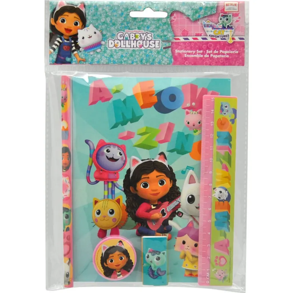 Gabby’s Dollhouse 5-delige Schrijfset – Inclusief Notitieboekje, Potlood, Gum, Puntenslijper en Liniaal – Roze/Turquoise