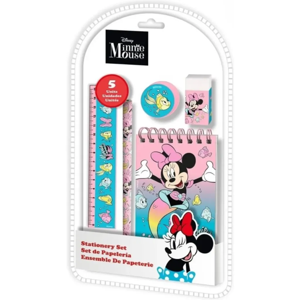Disney Minnie Mouse 5-delige Schrijfwarenset – Schoolset – Inclusief Notitieboekje, Potlood, Gum, Puntenslijper en Liniaal