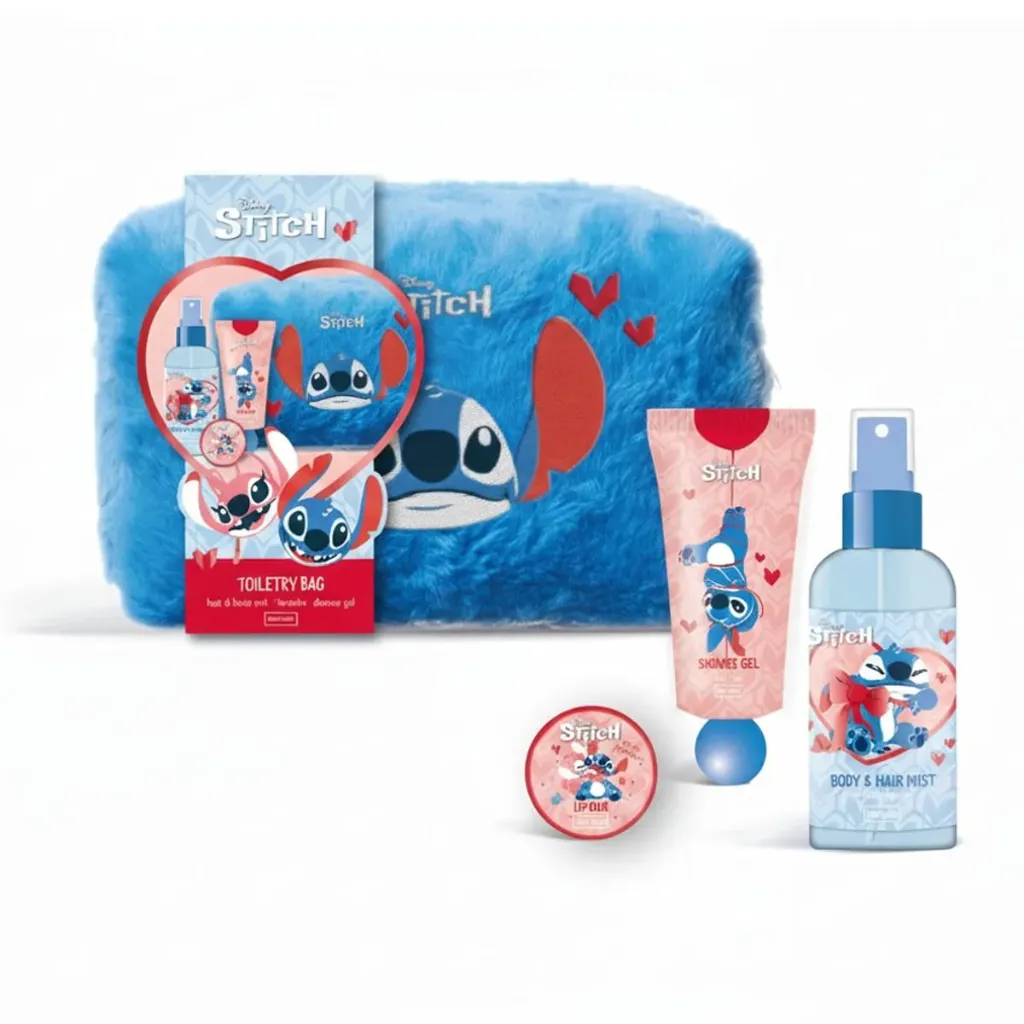 Disney Stitch Fluffy Toilettas Set - Blauw - Lipbalm, Body & Hairmist en Douchegel