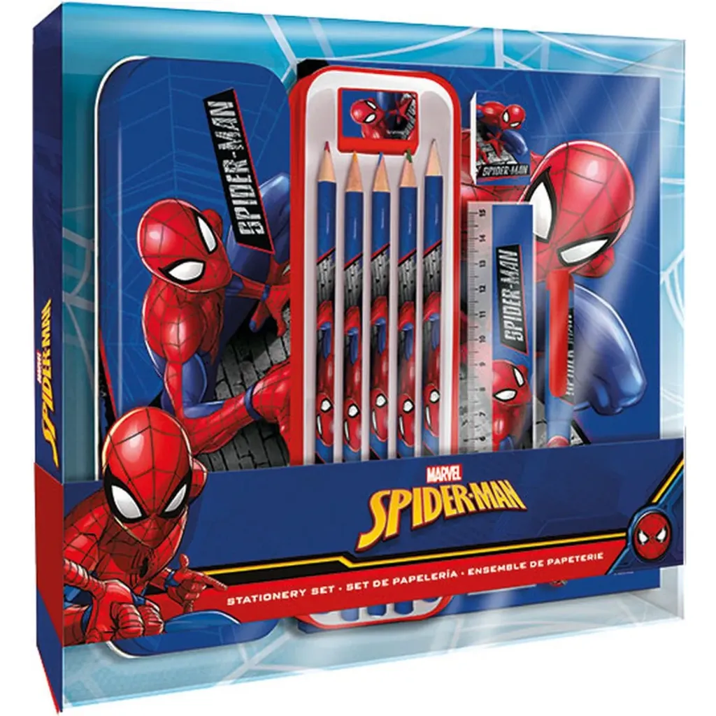 Marvel Spider-Man Briefpapierset – Inclusief Metalen Etui en Inhoud – 5-delig – Rood/Blauw