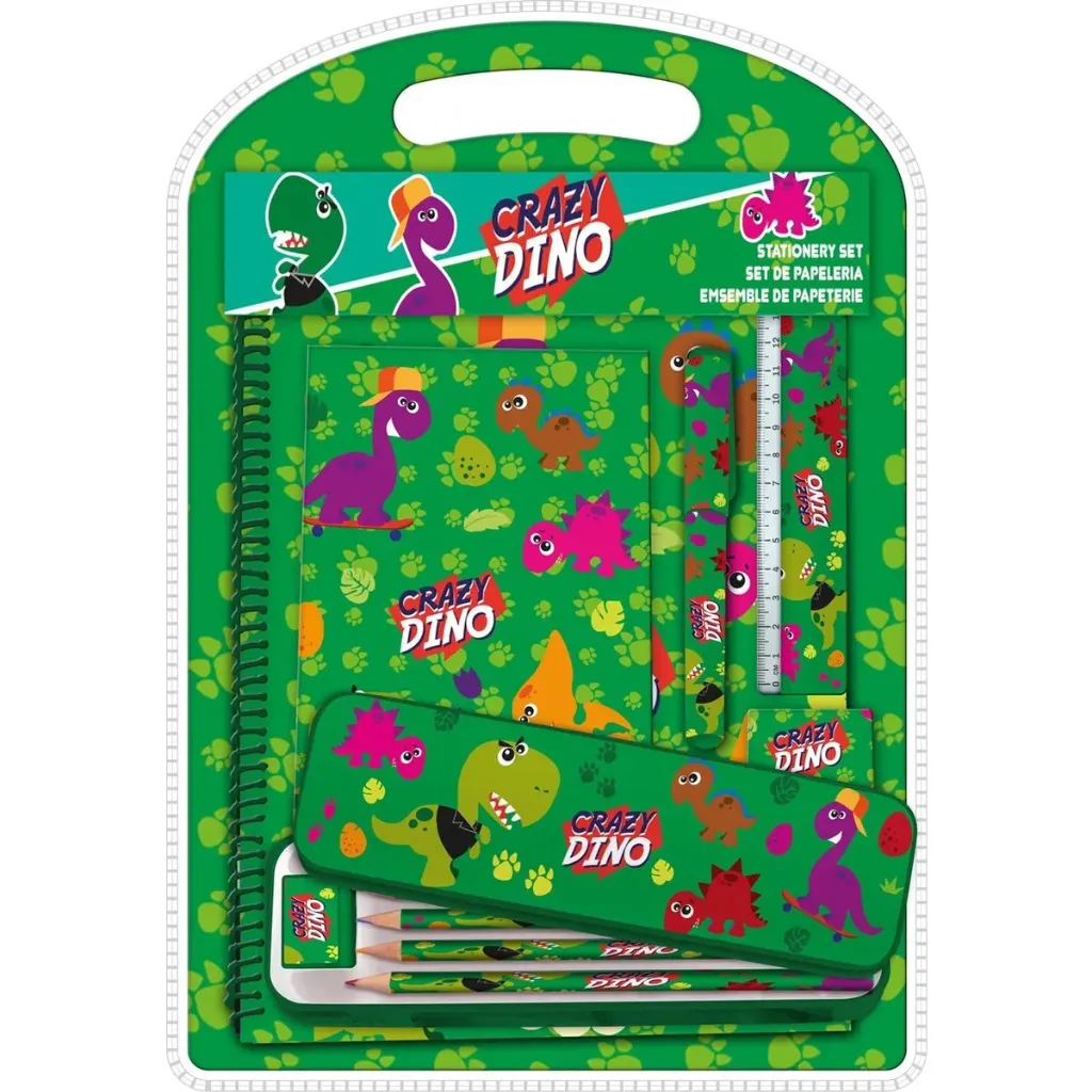 Crazy Dino Schrijfset – 5-delig – Inclusief Metalen Etui en Notitieboekje – Groen - Dinosaurus