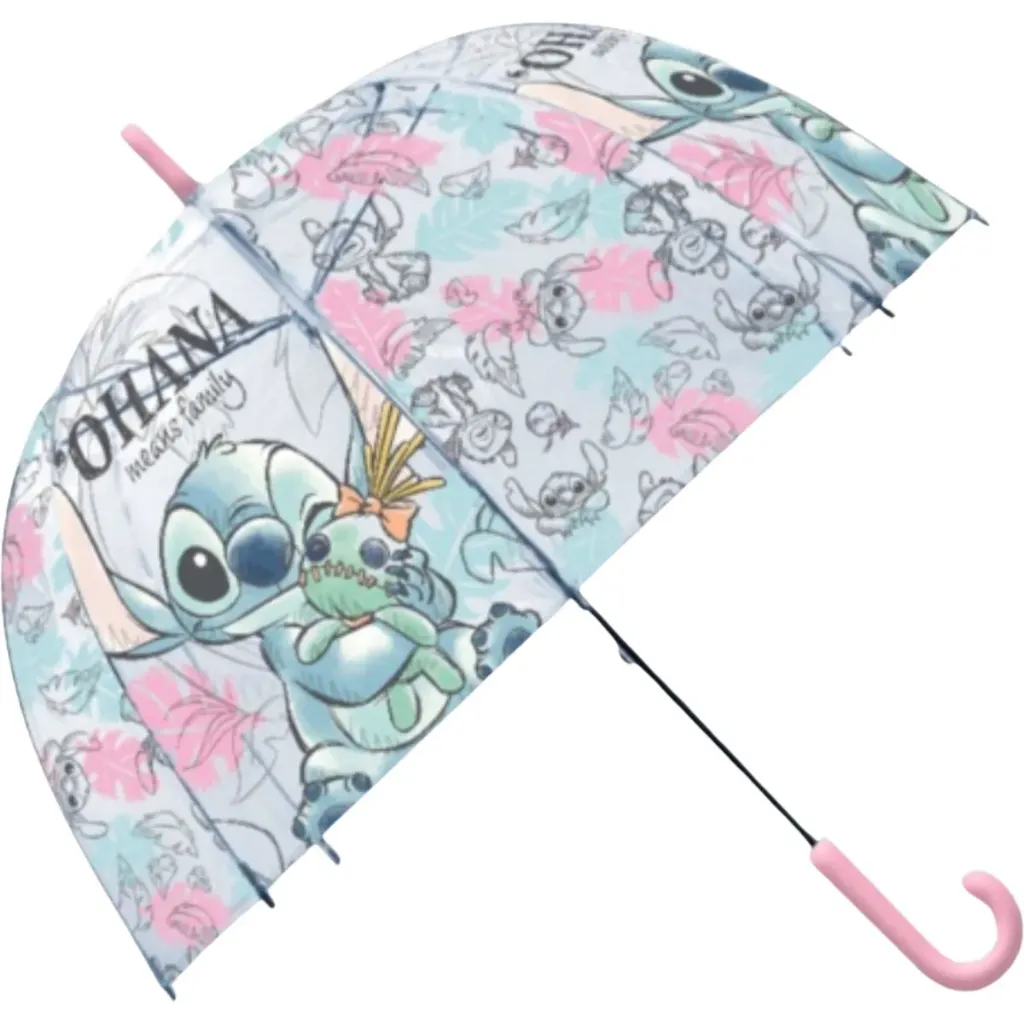 Disney Lilo & Stitch Transparante Paraplu – "Ohana" – 46 cm – Blauw/Transparant