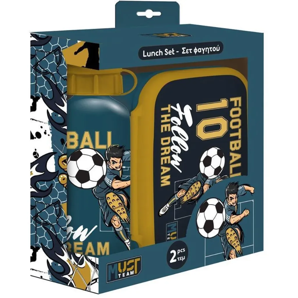 Must Team Football Lunchset – Broodtrommel 800 ml en Drinkfles 500 ml – Voetbal Design - Blauw