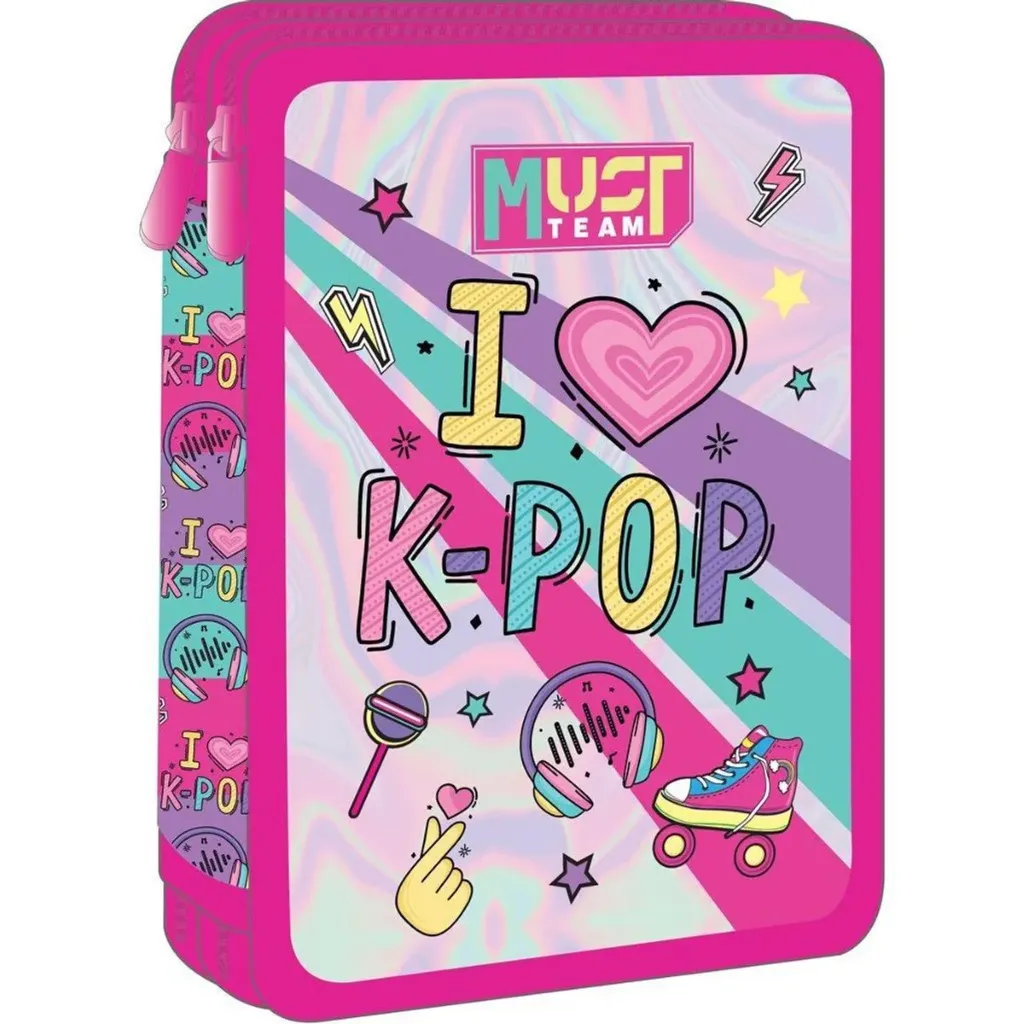 I Love K-Pop – Dubbele Schooletui – Gevuld – Inclusief Pennen, Potloden en Kleurpotloden – Roze